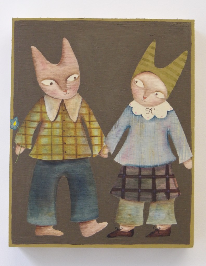 Painting of two cats on wooden canvas