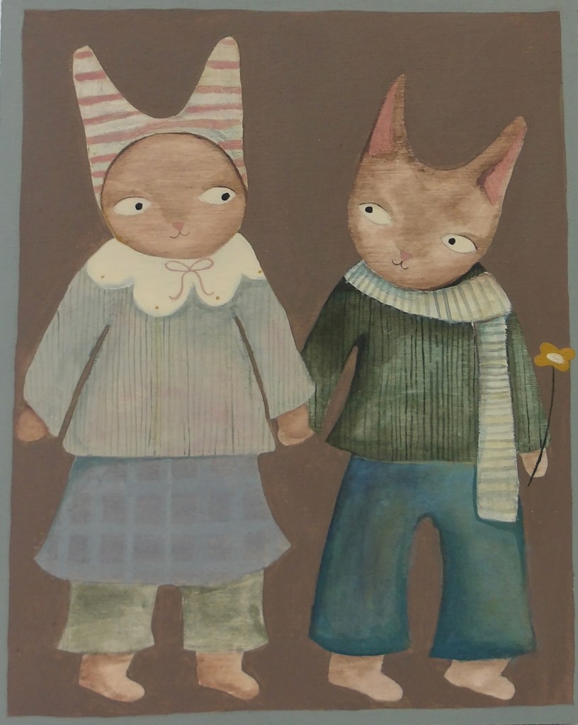 Painting of two cats on wooden canvas