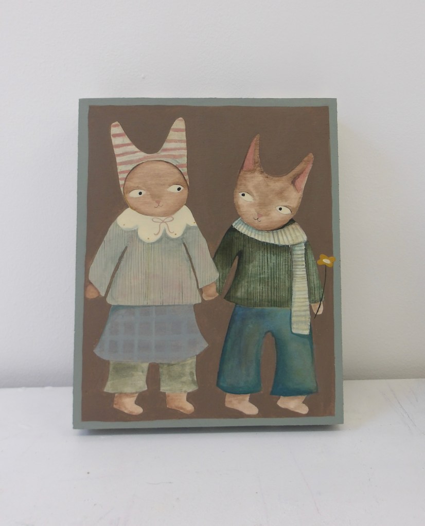 Painting of two cats on wooden canvas